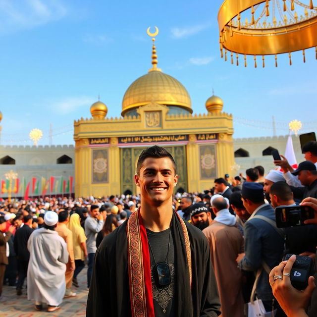 Cristiano Ronaldo visiting the holy city of Karbala, standing in front of the Imam Hussain Shrine, dressed in traditional Iraqi attire, surrounded by vibrant crowds of pilgrims