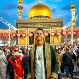 Cristiano Ronaldo visiting the holy city of Karbala, standing in front of the Imam Hussain Shrine, dressed in traditional Iraqi attire, surrounded by vibrant crowds of pilgrims