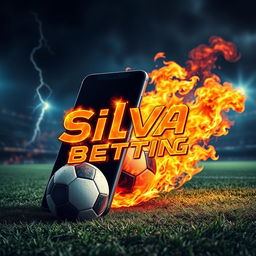 A soccer field with a giant smartphone leaning against a fiery soccer ball engulfed in flames