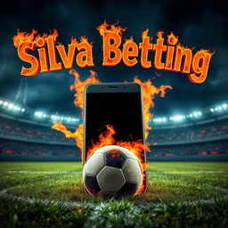 A soccer field with a giant smartphone leaning against a fiery soccer ball engulfed in flames