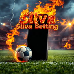A soccer field with a giant smartphone leaning against a fiery soccer ball engulfed in flames