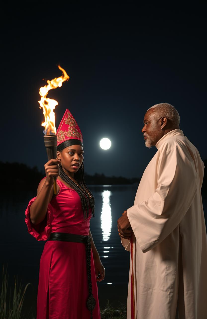 A very angry 25 year old black girl dressed in a vibrant chief priestess's attire, holding a flaming torch fiercely in her hand