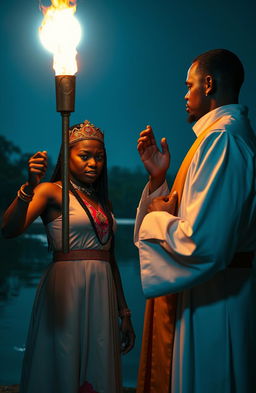 A very angry 25 year old black girl dressed in a vibrant chief priestess's attire, holding a flaming torch fiercely in her hand