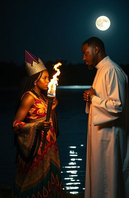 A very angry 25 year old black girl dressed in a vibrant chief priestess's attire, holding a flaming torch fiercely in her hand