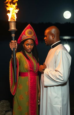 A very angry 25 year old black girl dressed in a vibrant chief priestess's attire, holding a flaming torch fiercely in her hand