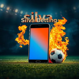 A soccer field with a giant smartphone at the center, flames erupting from both sides
