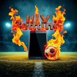 A soccer field with a giant smartphone at the center, flames erupting from both sides