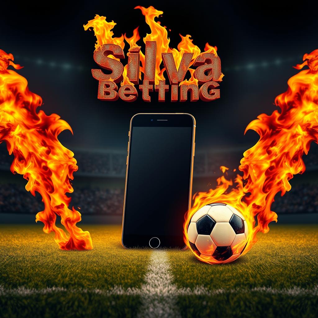 A soccer field with a giant smartphone at the center, flames erupting from both sides