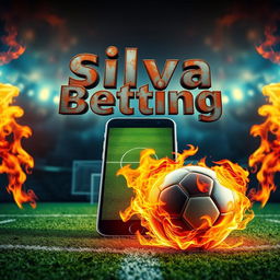 A soccer field with a giant smartphone at the center, flames erupting from both sides