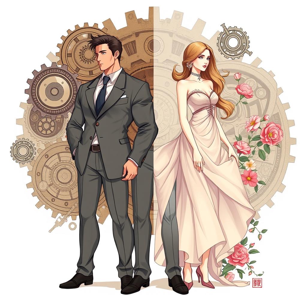 A conceptual illustration highlighting the differences between men and women, featuring two central figures showcasing diverse traits