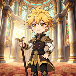 An anime boy with bright yellow eyes and soft wheat-colored hair, embodying a cute aesthetic