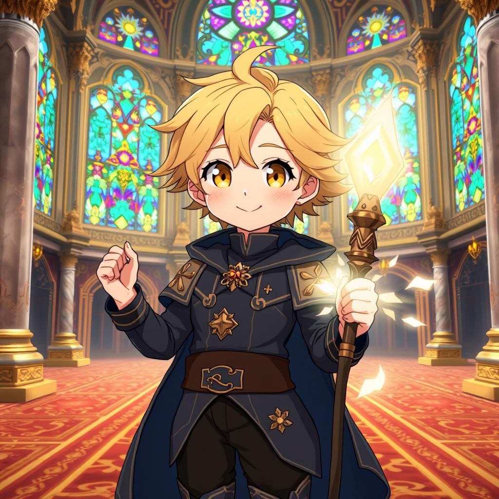 An anime boy with bright yellow eyes and soft wheat-colored hair, embodying a cute aesthetic