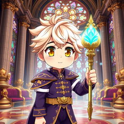 An anime boy with bright yellow eyes and soft wheat-colored hair, exhibiting a cute and charming appearance