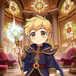 An anime boy with bright yellow eyes and soft wheat-colored hair, exhibiting a cute and charming appearance