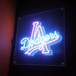 A vibrant neon sign representing the Dodgers, showcasing a striking white color with bold red lines