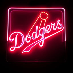 A vibrant neon sign representing the Dodgers, showcasing a striking white color with bold red lines