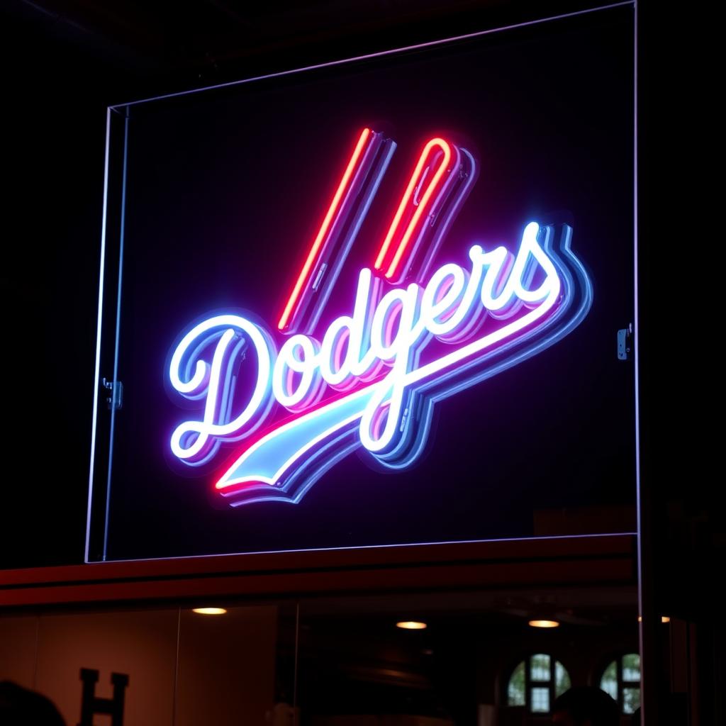 A vibrant neon sign representing the Dodgers, showcasing a striking white color with bold red lines