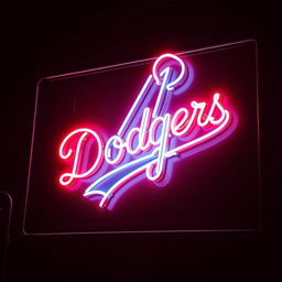A vibrant neon sign representing the Dodgers, showcasing a striking white color with bold red lines