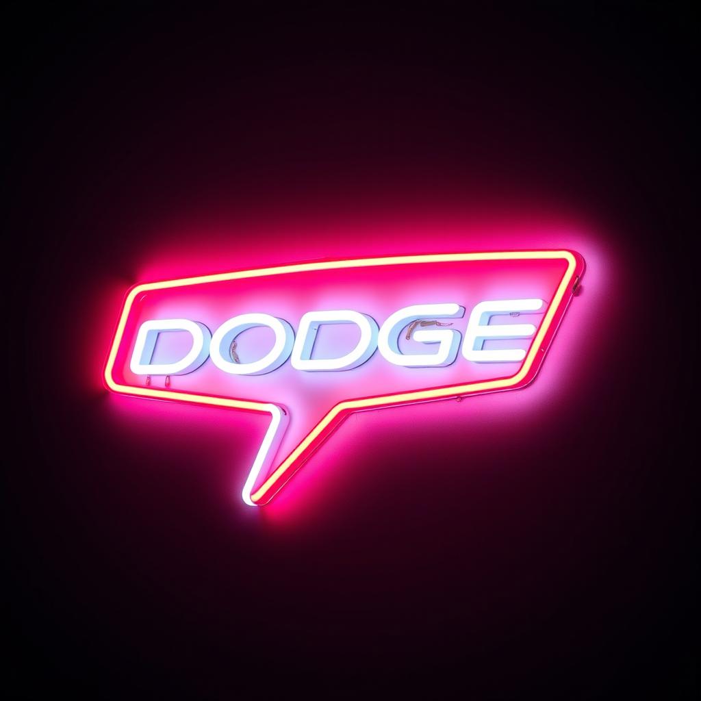 A captivating neon sign of the Dodge logo, featuring a clean white color with striking red lines