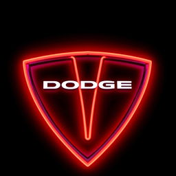 A captivating neon sign of the Dodge logo, featuring a clean white color with striking red lines