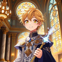 An anime young man with striking yellow eyes and soft wheat-colored hair, portraying a cute and charming demeanor