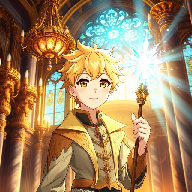 An anime young man with striking yellow eyes and soft wheat-colored hair, portraying a cute and charming demeanor