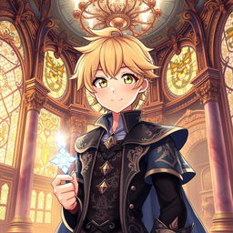 An anime young man with striking yellow eyes and soft wheat-colored hair, portraying a cute and charming demeanor