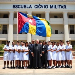 A group of male and female students dressed in white uniforms, standing confidently in front of a large school building with the words 'Escuela Cívico Militar' prominently displayed