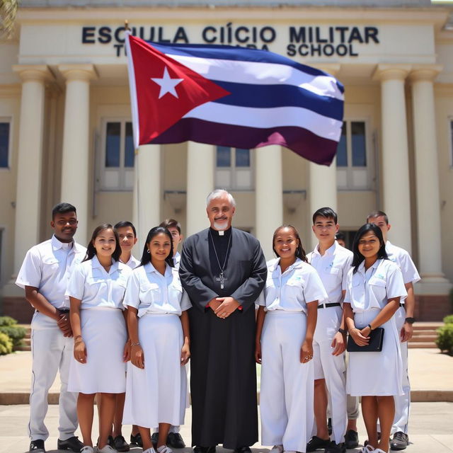 A group of male and female students dressed in white uniforms, standing confidently in front of a large school building with the words 'Escuela Cívico Militar' prominently displayed