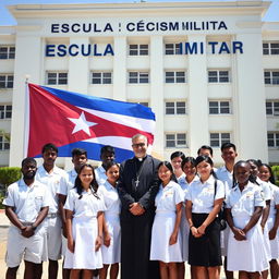 A group of male and female students dressed in white uniforms, standing confidently in front of a large school building with the words 'Escuela Cívico Militar' prominently displayed