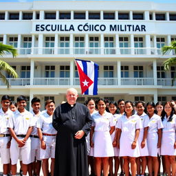 A group of male and female students dressed in white uniforms, standing confidently in front of a large school building with the words 'Escuela Cívico Militar' prominently displayed