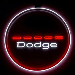 A sleek neon sign featuring the Dodge logo, predominantly in a bright white color with bold red lines accentuating the lower part