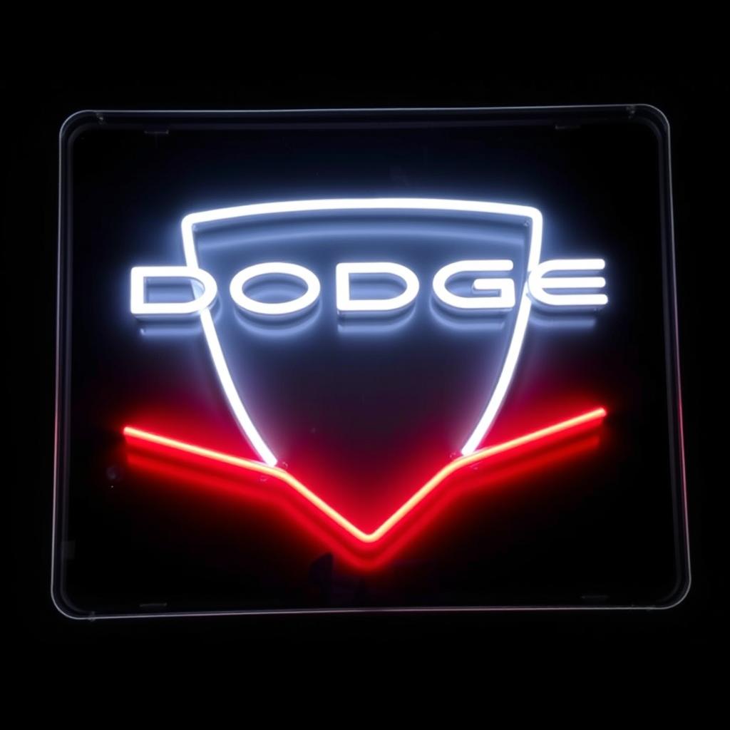 A sleek neon sign featuring the Dodge logo, predominantly in a bright white color with bold red lines accentuating the lower part