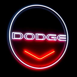 A sleek neon sign featuring the Dodge logo, predominantly in a bright white color with bold red lines accentuating the lower part
