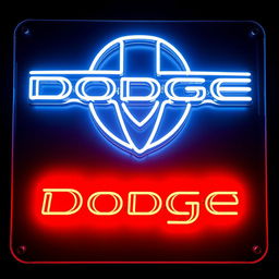 A sleek neon sign featuring the Dodge logo, predominantly in a bright white color with bold red lines accentuating the lower part
