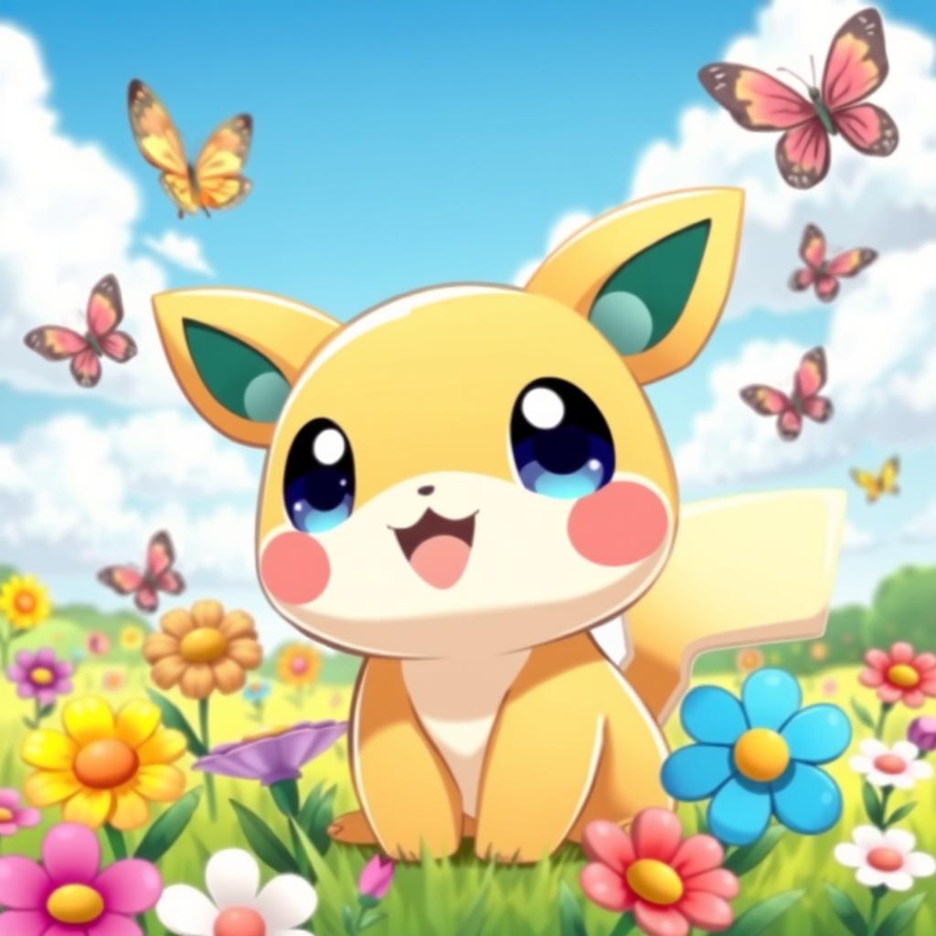 A cute, cartoon-style Pokemon character with big sparkling eyes, round cheeks, and a friendly smile, surrounded by colorful flowers and butterflies in a bright and cheerful environment