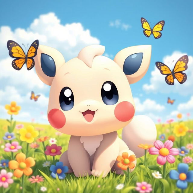 A cute, cartoon-style Pokemon character with big sparkling eyes, round cheeks, and a friendly smile, surrounded by colorful flowers and butterflies in a bright and cheerful environment