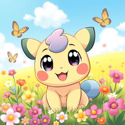 A cute, cartoon-style Pokemon character with big sparkling eyes, round cheeks, and a friendly smile, surrounded by colorful flowers and butterflies in a bright and cheerful environment
