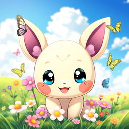 A cute, cartoon-style Pokemon character with big sparkling eyes, round cheeks, and a friendly smile, surrounded by colorful flowers and butterflies in a bright and cheerful environment