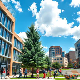 A vibrant university campus scene featuring a modern classroom building with large windows and a contemporary architectural style