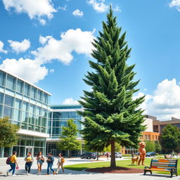 A vibrant university campus scene featuring a modern classroom building with large windows and a contemporary architectural style