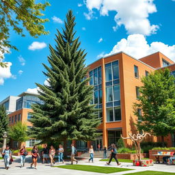 A vibrant university campus scene featuring a modern classroom building with large windows and a contemporary architectural style