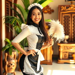 A sexy young Indonesian maid wearing a traditional maid outfit, including a fitted white blouse, a black skirt, and a frilly apron