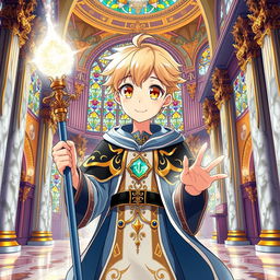 An anime young man with vibrant yellow eyes and soft wheat-colored hair, depicted in a cute and charming style
