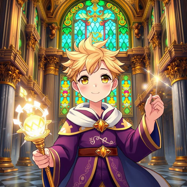 An anime young man with vibrant yellow eyes and soft wheat-colored hair, depicted in a cute and charming style