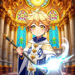 An anime young man with vibrant yellow eyes and soft wheat-colored hair, depicted in a cute and charming style