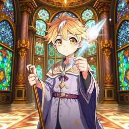 An anime young man with vibrant yellow eyes and soft wheat-colored hair, depicted in a cute and charming style