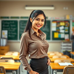 A sexy Indonesian milf teacher, around 30 years old, standing confidently in a stylish classroom