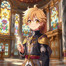 An anime young man with captivating yellow eyes and soft wheat-colored hair, showcasing a cute and charming aesthetic
