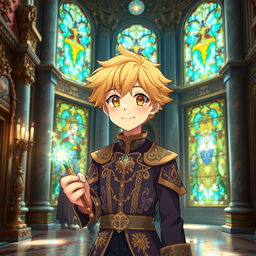 An anime young man with captivating yellow eyes and soft wheat-colored hair, showcasing a cute and charming aesthetic